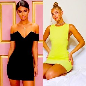 A Black Ribbed Plunge Bardot Bodycon and Lime Bandage Rib Crew Neck Low Armhole